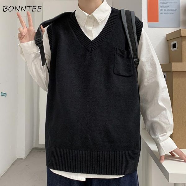 

men's vests sleeveless sweater vest men loose v-neck classic basic students preppy style chic ulzzang all-match daily knitted homme coz, Black;white