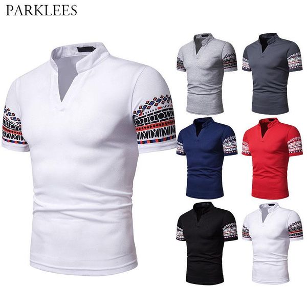 

solid color v neck men tshirt dashiki african printed patchwork mens t shirts casual slim fit summer tee clothing men's t-shirts, White;black