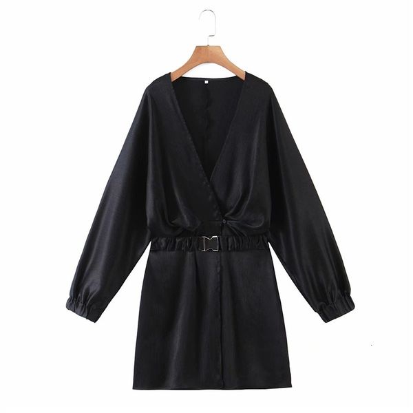 

casual dresses women v-neck elastic high waist za black chiffon female sprint fashion long sleeve short dress with belt 3wiv, Black;gray
