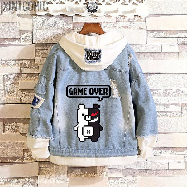 

men's hoodies & sweatshirts anime danganronpa denim jacket autumn and winter jeans men women streetwear monokuma coat fake two casual s, Black