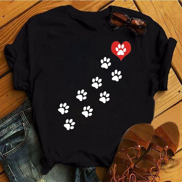 Mode frauen t-shirt rot herz hund pfote druck sommer weibliche tops kurze hülse t t-shirts nettes t-shirt schwarze frau