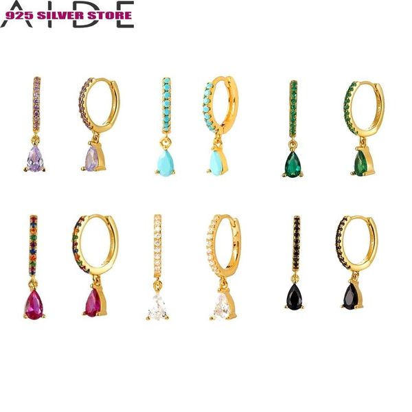 

hoop & huggie aide 925 sterling silver earrings for women rainbow black crystal zircon water drop hanging prevent allergy, Golden;silver