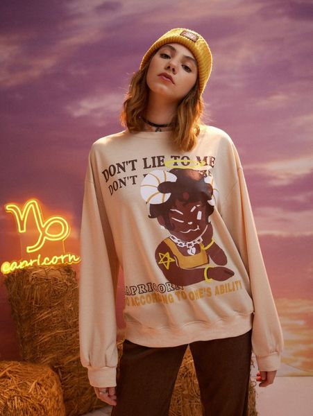 

romwe capricorn slogan cartoon graphic drop shoulder sweatshirt o5t7#, White;black