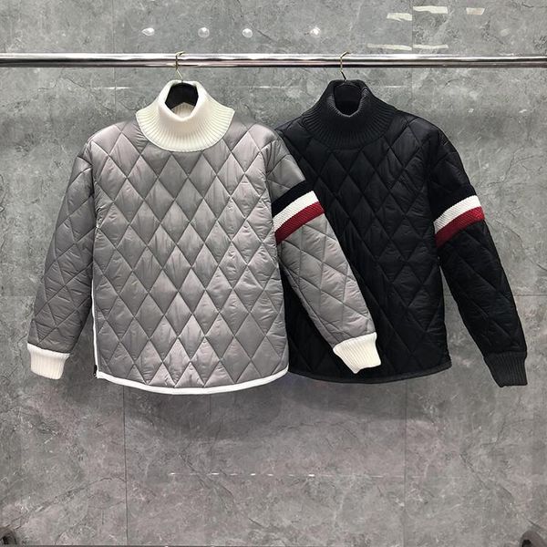 

downs fashion tb thom brand cotton clothes men pullover jacket loose patchwork striped high collar thick winter casual coat, Black