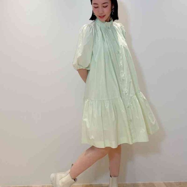 

puff short sleeve stand collar summer loose women dress simple ruffles solid vestido mujer all match mini dresses 210514, Black;gray