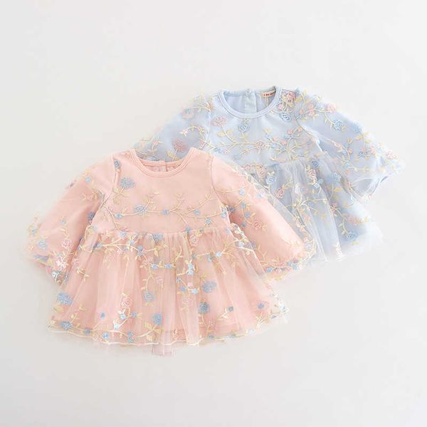Kız Tül Elbise Bebek Kız Çiçek Nakış Elbiseler Toddler Butik Bez Çocuk Doğum Günü Vaftiz Parti Balo 210615