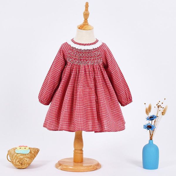 Mädchen Kleider Herbst Winter 2021 Mädchen Kleid Langarm O Hals Rot Plaid Nette Süße Baby Vestidos 18M-7T