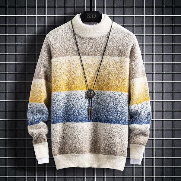 

men's sweaters winter cashmere sweater men pullover fashion striped male jumpers half turtleneck thick warm mens, White;black