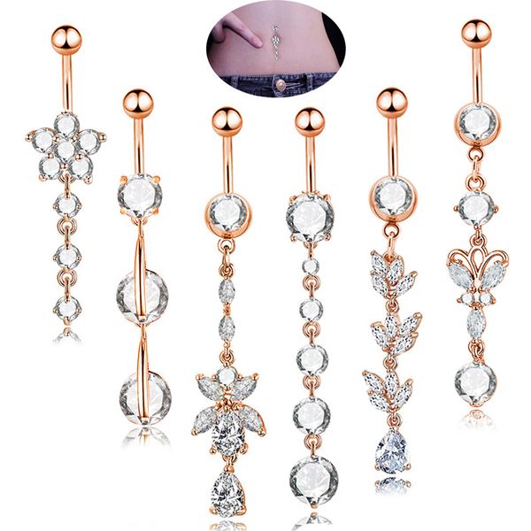 

6-piece belly button dangle rings stainless steel aaa cz cubic zircon string luxury body piercing jewelry for girl, Silver