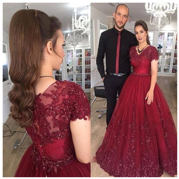 

2022 arabic style burgundy tulle puffy ball gown prom dresses v neck short sleeves appliques beaded women formal party gowns evening dress, Black