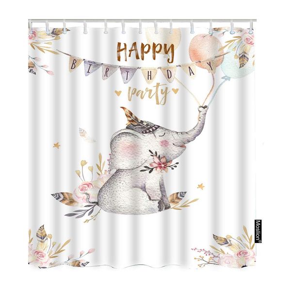 

happy birthday party shower curtain cute elephant boho animal bohemian feather floral cartoon funnyshowercurtain gift for