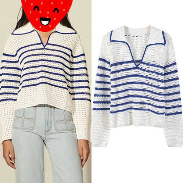 

women's knits & tees spring/summer lapel stripes horizontal knitted hollow turtleneck marine pullover cardigan female vjur, White