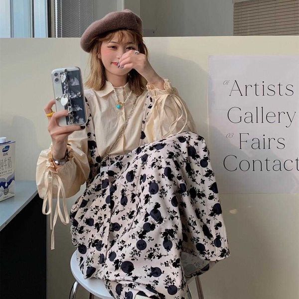 

skirts leaves printing midi long for women 2021 spring summer lolita teens soft girl high waist straps suspender rok 8tyw, Black