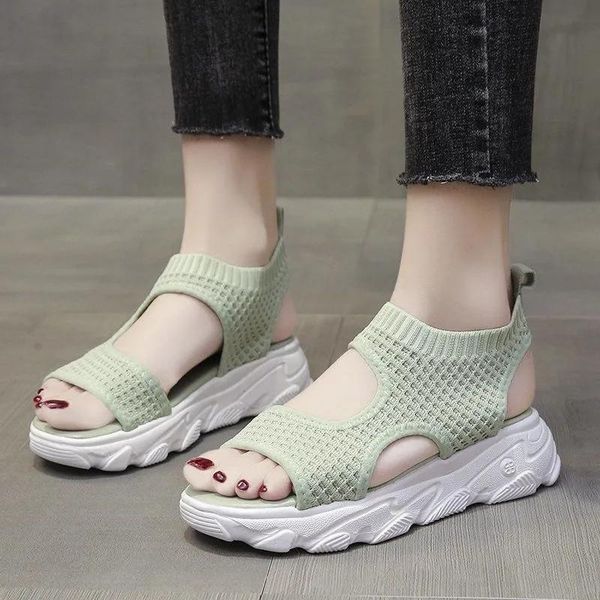 

sandals retro green breathable platform casual beach shoes fashion sports summer woven mesh hollow comfort peep toe, Black