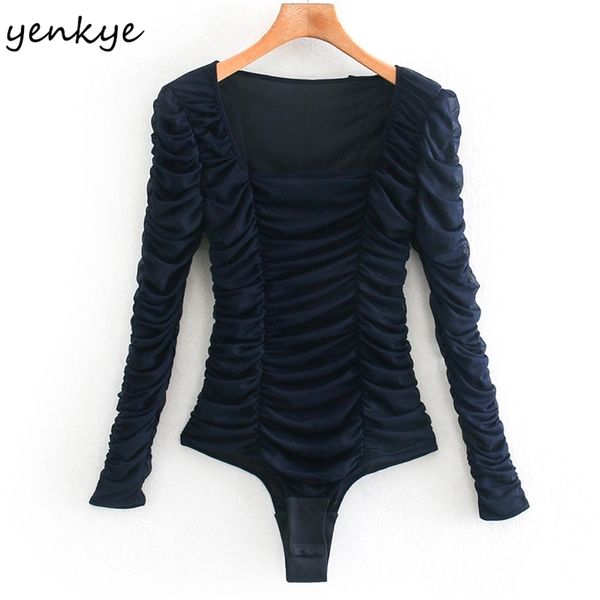 

vintage dark blue draped mesh bodysuit women square neck long sleeve body femme 210514, Black;white