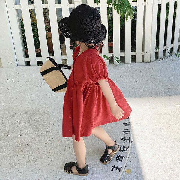 

100% cotton toddler girls dress for kids casual clothing solid line button a-line sundress 210529, Red;yellow