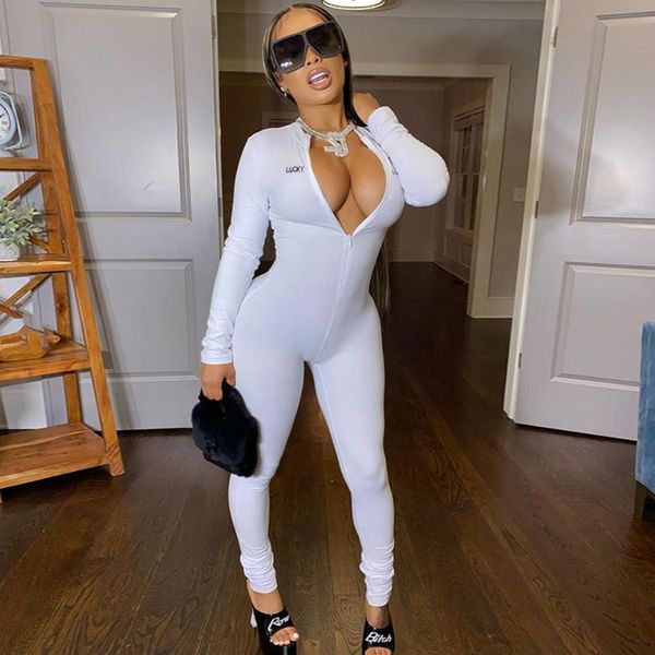 

2021kliou letter embroidery solid stacked zipper jumpsuits women autumn rompers v-neck high waist elastic female sporty streetwear, Black;white