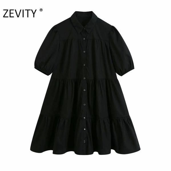 Zevidade Mulheres simplesmente recusam colarinho sólido preto mini vestido escritório senhora pregas ruffles vestido chique casual vestidos soltos ds4418 210325