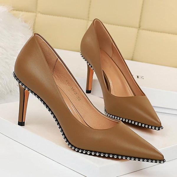 

dress shoes brand metal bead women pumps elegant stiletto lady high heels spring summer fashion patent leather shallow office, Black