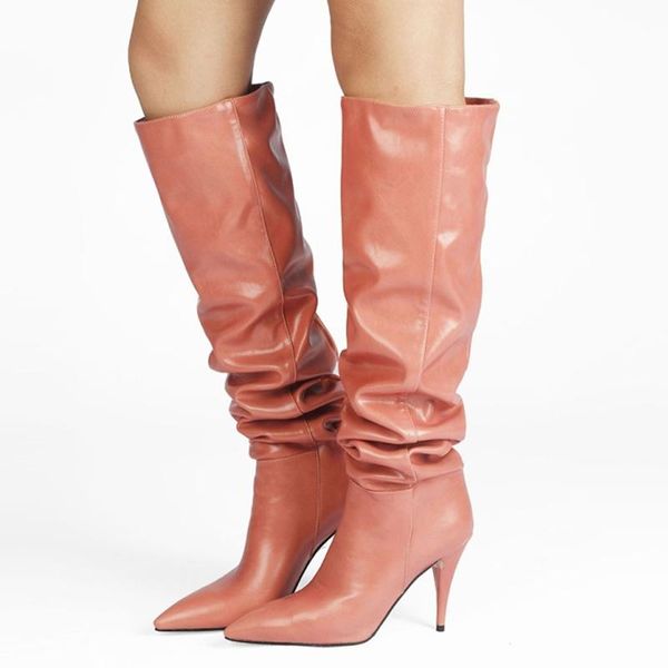 

boots solid casual style autumn winter fashion pointy toe high heel knee for women slip-on plus size 47, Black