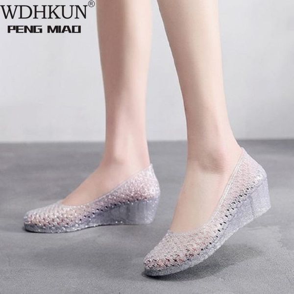 

summer super soft glitter gold crystal jelly ladies sandals wedges comfortable hollow hole shoes beach shoes., Black