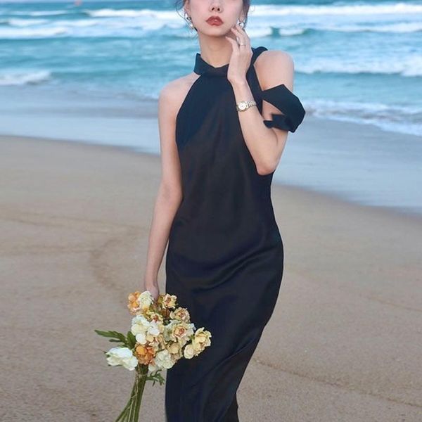 

casual dresses halter party long women evening elegant backless holiday summer beach dress korean chic designer hepburn black 2021, Black;gray