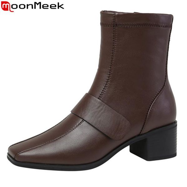 

boots moonmeek 2021 genuine leather thick heels square toe solid color ladies shoes autumn winter ankle for woman, Black