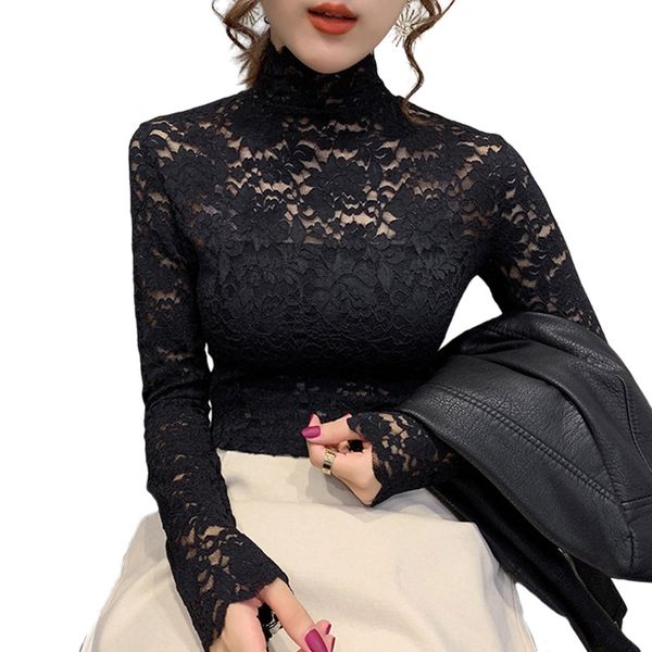 Осенние женщины тонкие черные кружевные футболка сексуальная водолазка с длинным рукавом стройное кружевное вязание крючком пэчворк Tee Tops 210518