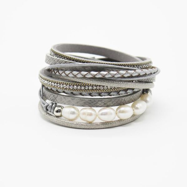 

tennis goolifes multilayer double wrap leather bracelet for woman bohemian 6 pcs fresh water pearl female magnet bangle birthday gift, Golden;silver