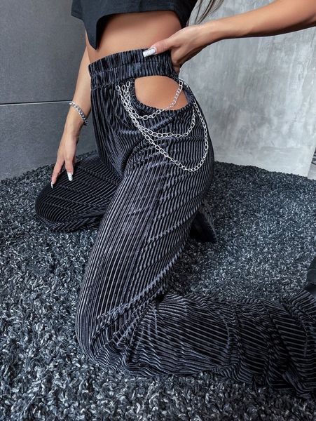 

high waist cut out chain detail velvet wide leg pants b1m4#, Black;white