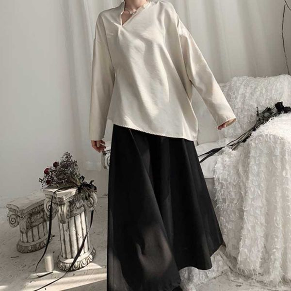 

women's blouses & shirts autumn test opening diagonal collar pure color simple small design show pullover long sleeve shirt, White
