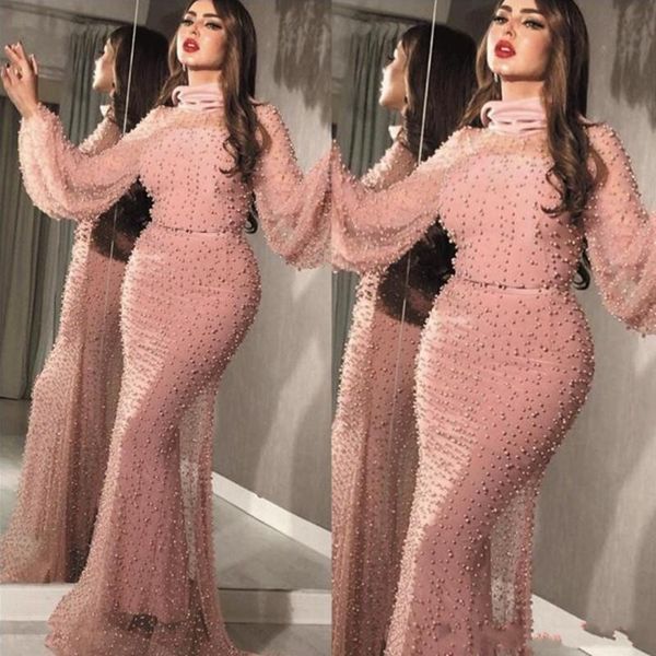 2021 Árabe Dubai Blush Rosa Sereia Vestidos de Noite Use High Neck Pérolas Frisadas Poeta Manga Longa Vestidos De Partido Formal Vestido De Prom