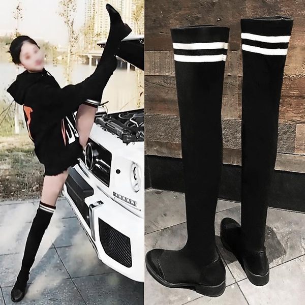 

boots sewing low flat with casual women round toe fashion pu solid long over-the-knee slip-on concise winter shoes, Black