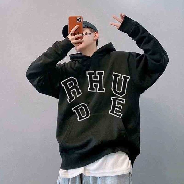 

rhude hoodie patch towel embroidered letter hooded pullover loose sweater for men and women[issued on november 1] jacket coat long, Black