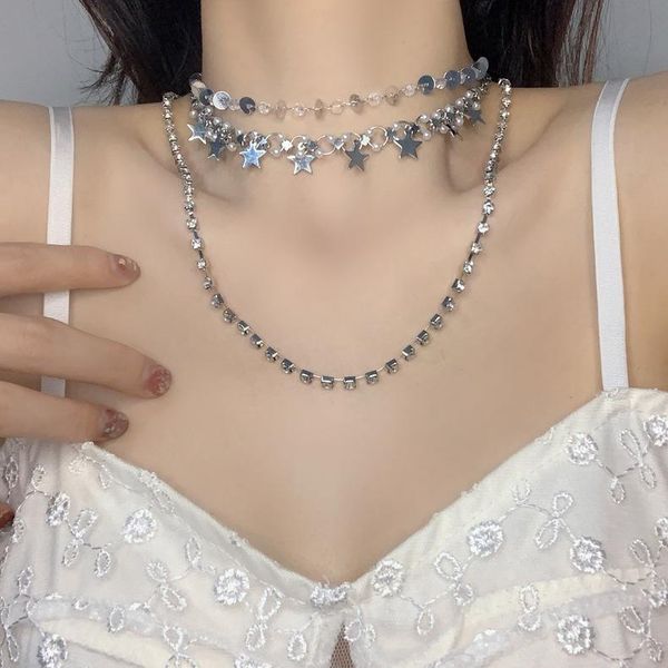 

pendant necklaces silver color multilayer chain fashion temperament korean for women girls geometric sequin stars choker necklace bijoux