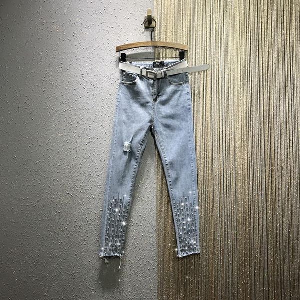 

women's jeans rhinestone beaded pants 2021 spring high-waist ripped slim-fit denim pencil ankle-length skinny, Blue