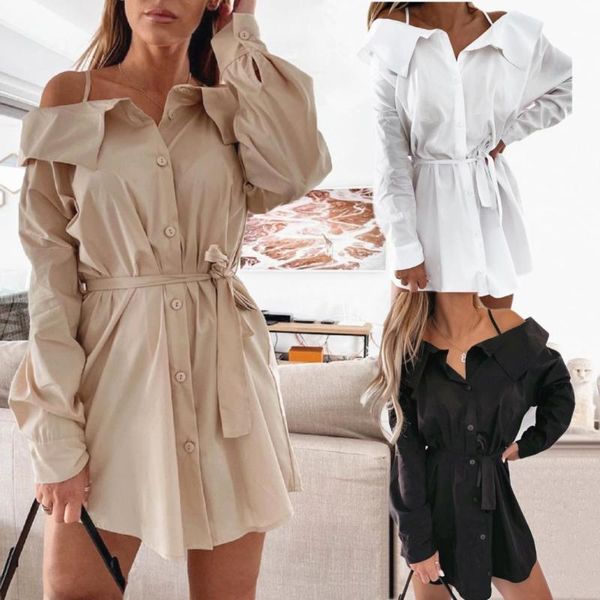 

casual dresses beach shirt dress women 2021 office lady women's summer halter mini turn-down collar white black waist tunic, Black;gray