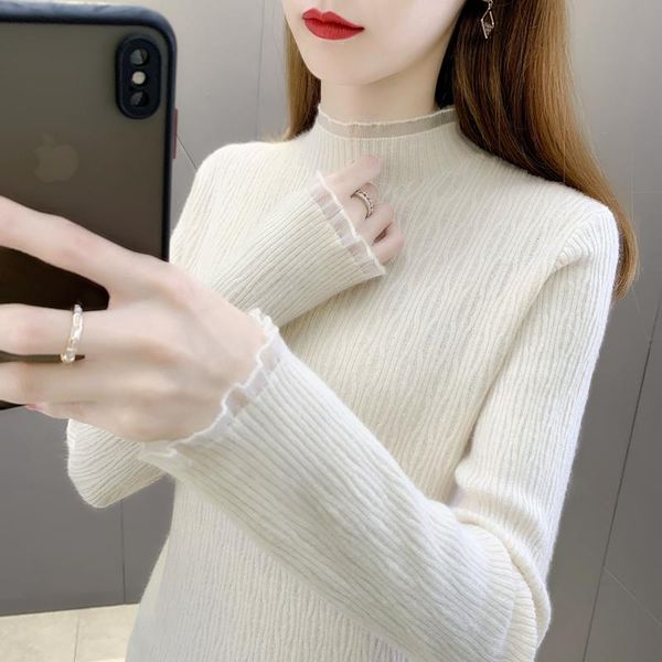 

women's sweaters room 216353 [under no. 2, row 5] solid color lace pullover knitted bottomed shirt [1386] 37, White;black