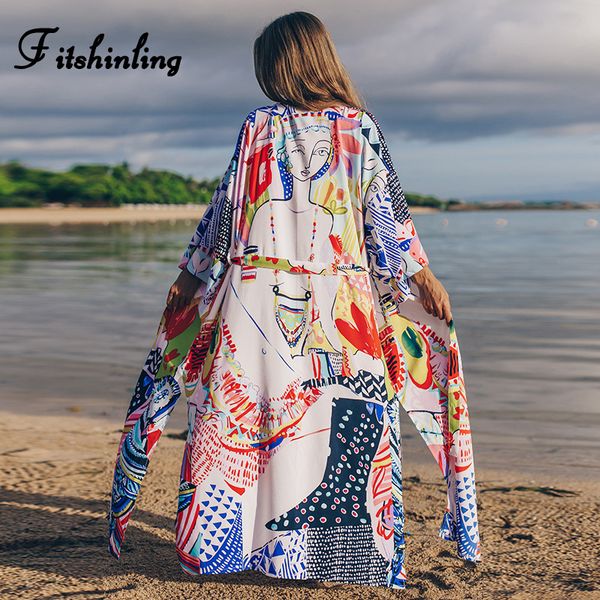 

fitshinling abstract print beach kimono long cardigan side slit holiday bikini cover-up swimwear with sashes summer outing