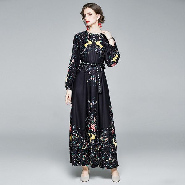 Llzacoosh Runway outono vintage preto pavão floral maxi vestido mulheres lanterna manga lace-up o-pescoço boho mofo longo vestido longo 210514