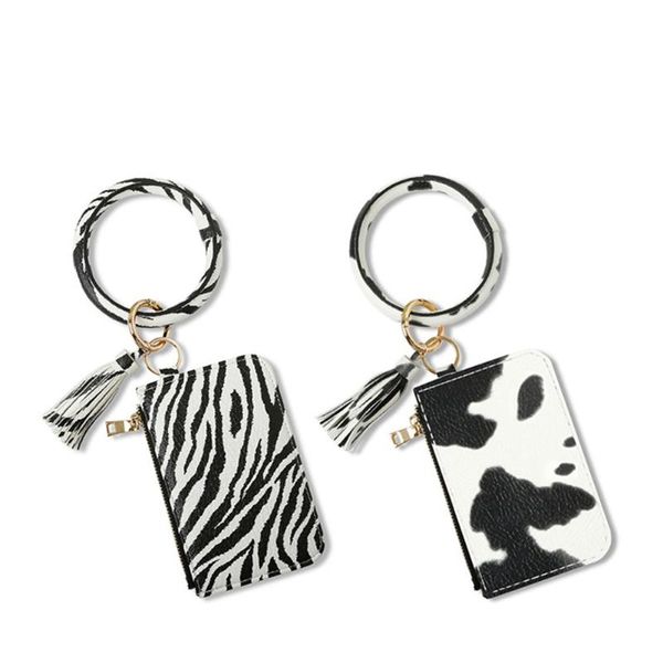 

card holders fashion bracelet keychain bag for women zebra cow animal print pu leather tassel pendant wallet wristlet purse, Brown;gray