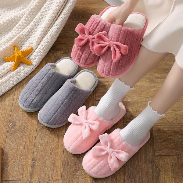 

slippers fznyl japanese couple winter 2021 sweet cute bow warm plush flat with indoor non-slip fluffy shoes, Black