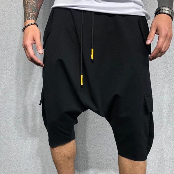 

men's pants cotton harem men solid elastic waist streetwear 2021 adjustable micro-elastic soft low crotch casual trousers, Black