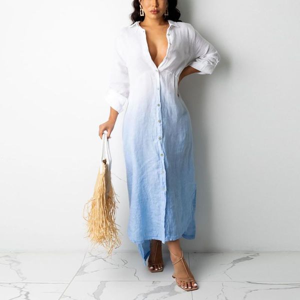 

casual dresses fashion tie-dye gradient irregular autumn shirts dress turndown collar party women long sleeve button, Black;gray