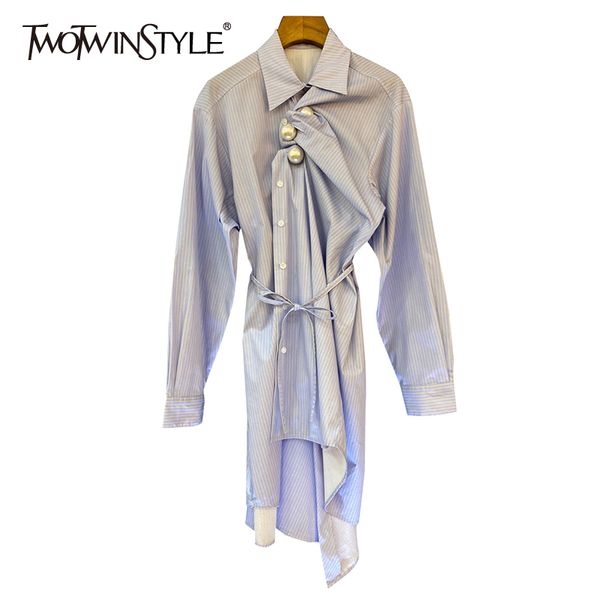 

asymmetrical striped patchwork pearl dress for women lapel long sleeve irregular hem elegant dresses female fashion 210428, Black;gray