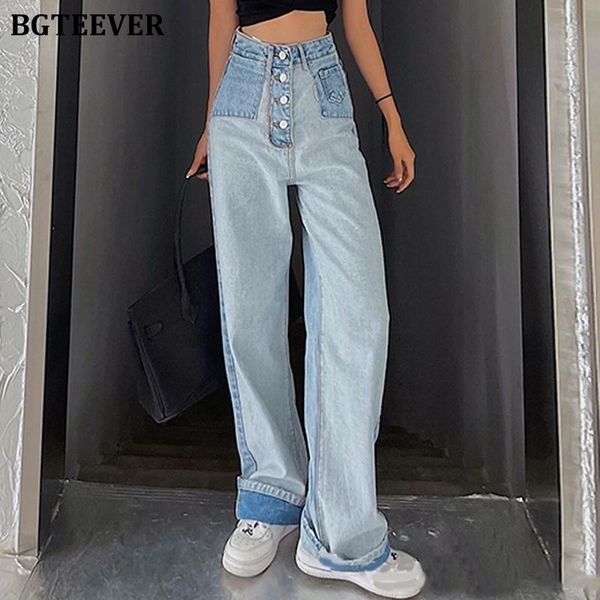 

women's jeans bgteever streetwear patchwork single-breasted women denim pants summer high waist loose female straight trousers 2021, Blue