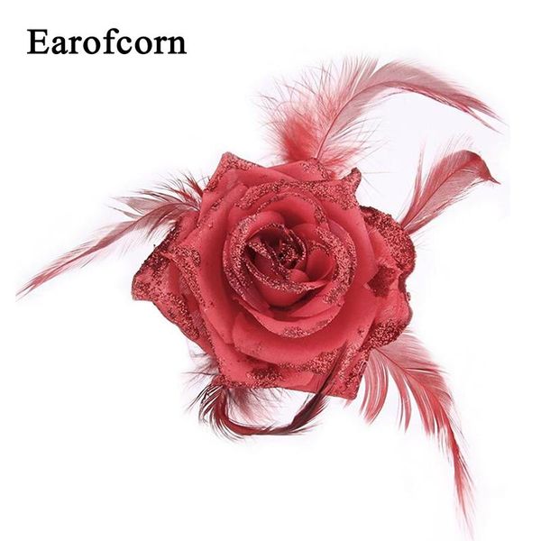 

pins, brooches earofcorn sweet wedding fashion sprinkle pink rose flower hair rope fabric feather brooch side clip accessories, Gray