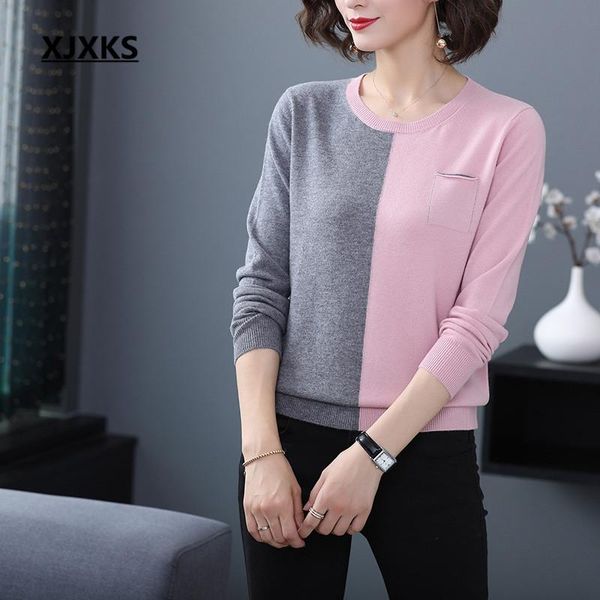 

women's sweaters xjxks 2021 spring cashmere knitted sweater women pullover fashion stitching comfortable 100% wool, White;black