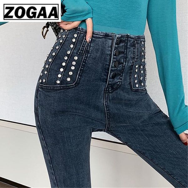 

women's jeans women skinny mom buttons blue elastic denim pants high waist heavy rivet winter pencil
