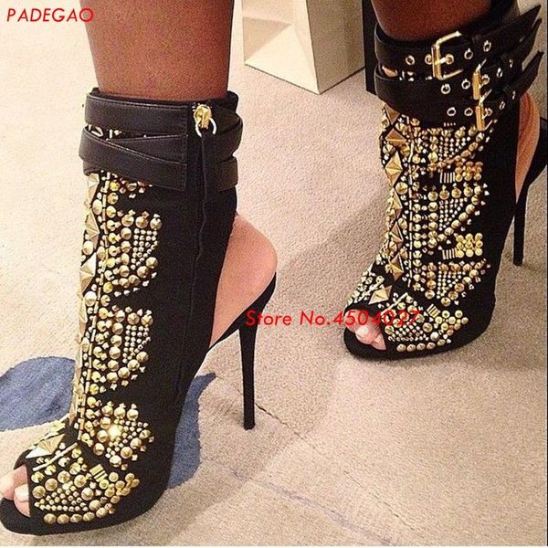 

boots summer fashion high heels ankle woman studded open toe buckle straps thin heel punk, Black